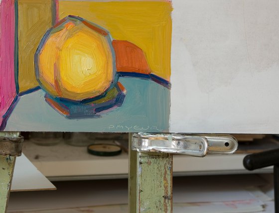 yellow peach on blue
