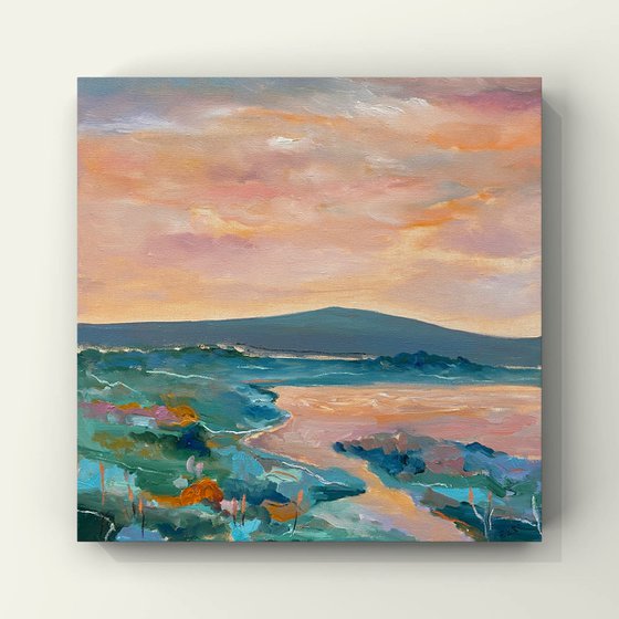 Sunset by the lake II — contemporary landscape with optimistic and positive energy on stretched canvas