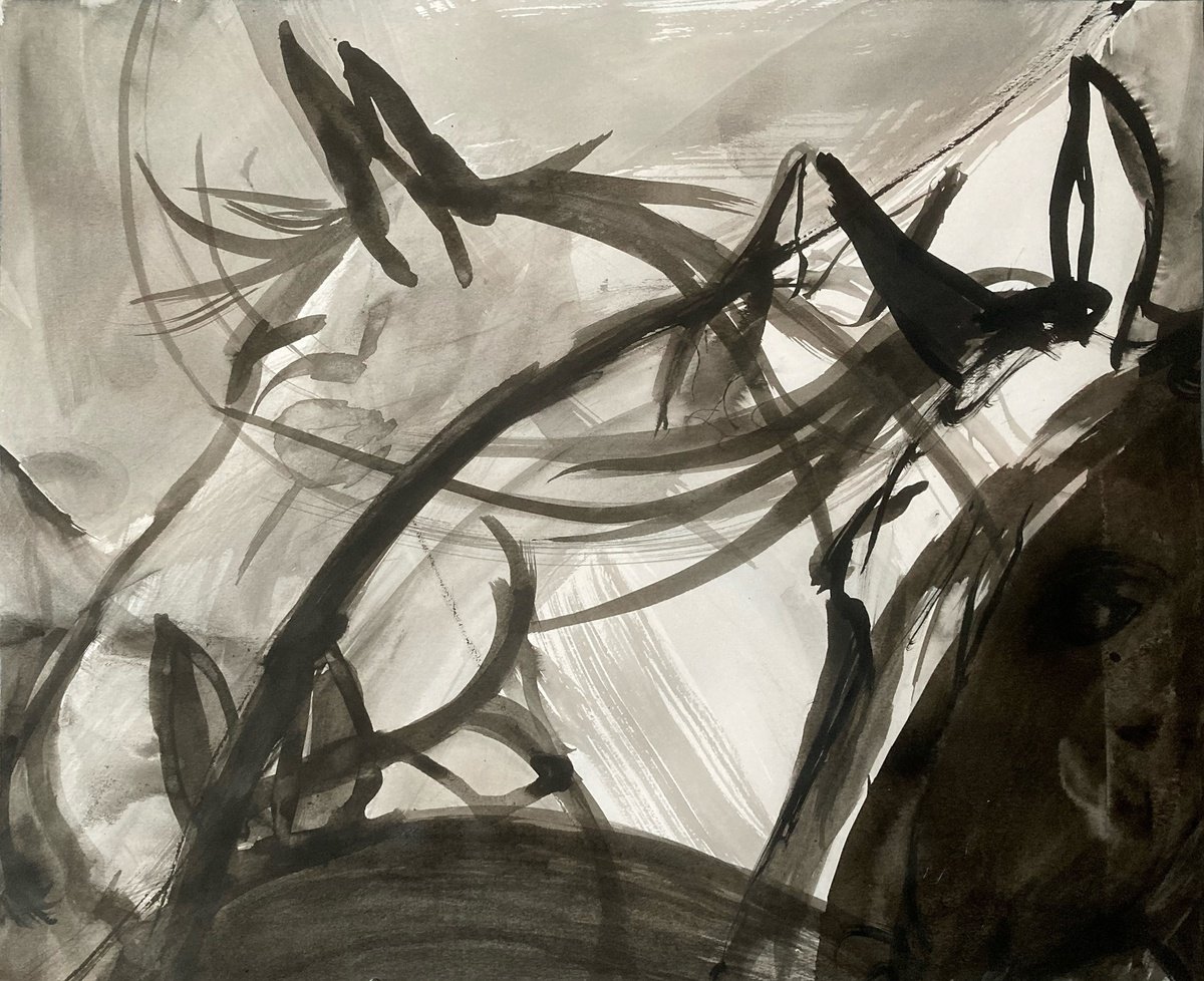 Horses listening, abstraction sketch by Ren Goorman