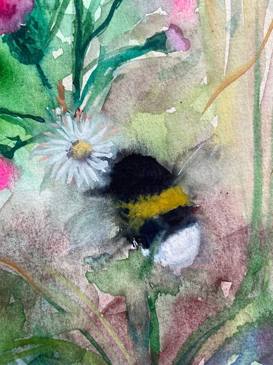 Bee Original Watercolor Painting, Bumble Bee Artwork, Summer Wall Art, Cottagecore Aesthetics