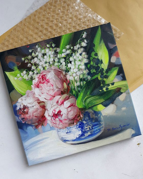 Lily of the valley and peonies flowers in the summer shine, Floral painting on canvas