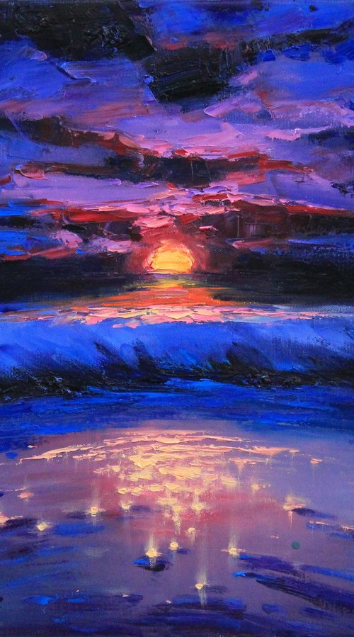 Orange moon and clouds by sea by Alisa Onipchenko-Cherniakovska