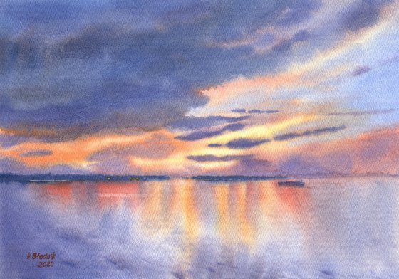 Ukrainian watercolor. Sunset on the sea