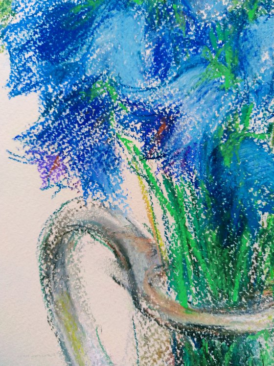 Bluebells flowers. Pastel drawing on bluish paper. 48х65