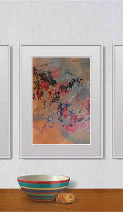 Set of 3 Fluid abstract original paintings on carton - 18J044 by Kuebler