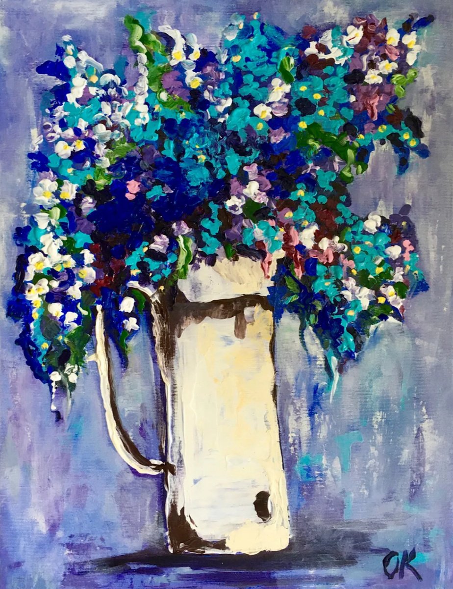 Impressionistic Botanical Acrylic Painting By Olga Koval, 14 X 18", Wild Flowers 3, Original Artwork