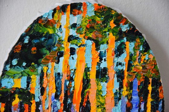 Landscape oval oil painting, original small canvas art, sunset trees wall art