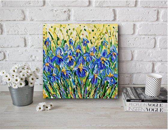 Irises - Deep impasto original floral painting, palette knife blue flowers art