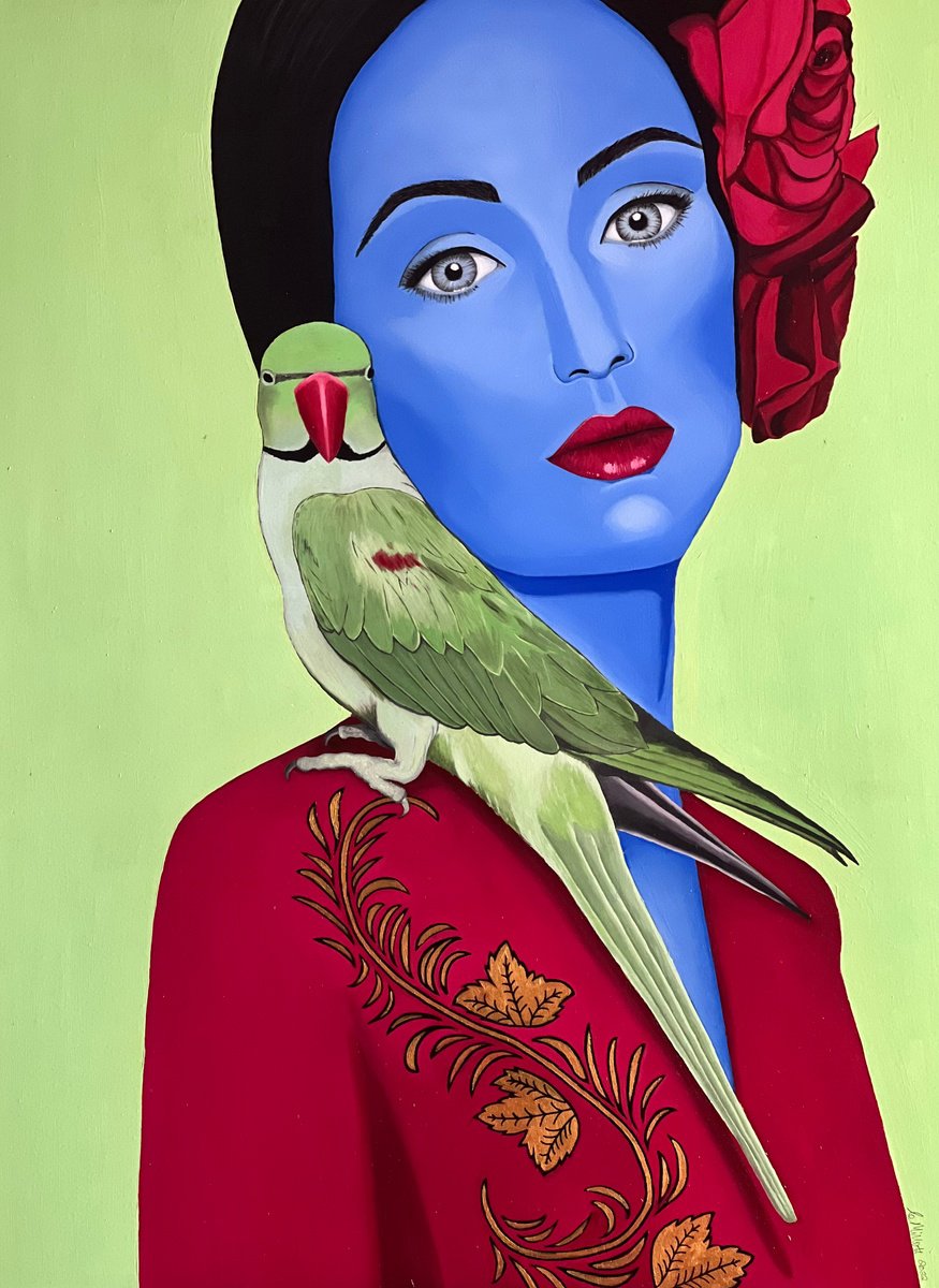 Expressive Portrait Oil Painting By Caroline Millott, 35 X 46, Blue Girl With Parrot, Original Artwork