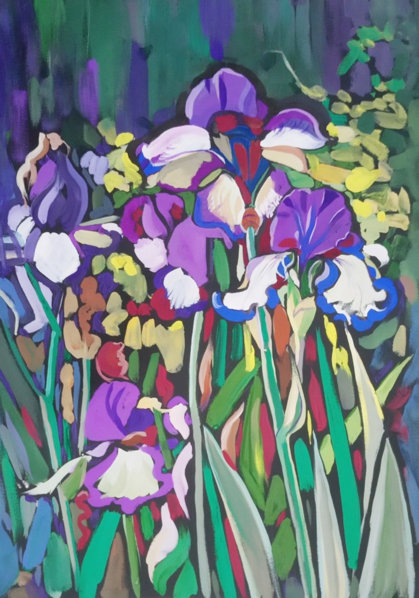 Impressionistic Botanical Painting By Valentina Kachina, 20 X 28", Irises, Original Artwork