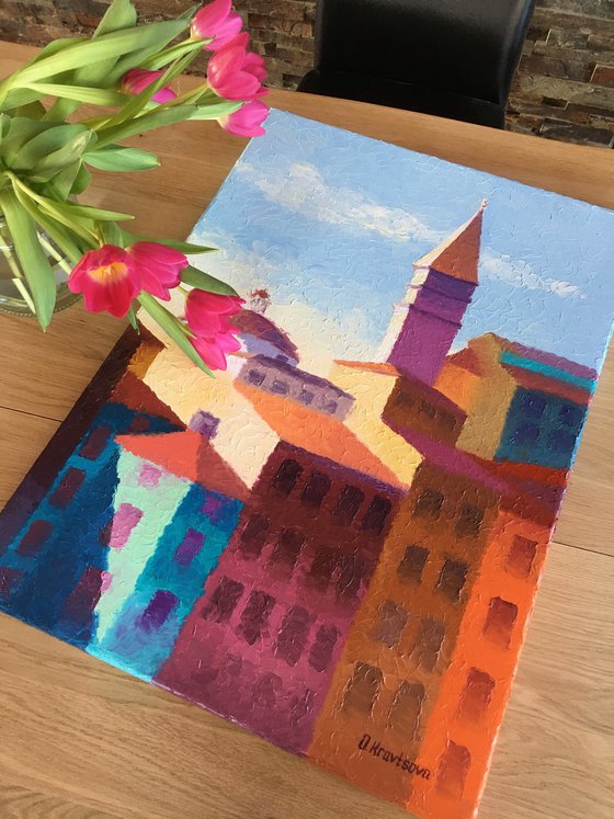 "Sunny day in a colorful city"