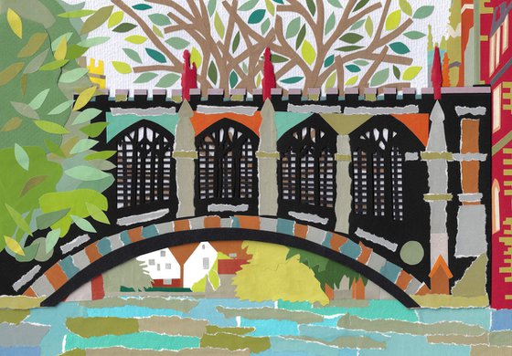 The Bridge of Sighs, Cambridge hand-cut collage using recycled papers