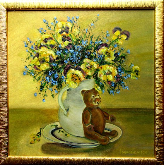 Pansies in a Jar Teddy Bear- Original Flowers Impressionism Oil on Canvas Painting Modern Original non Abstract for Children Home Decor Gift 15,8x15,8 in.(40x40 cm)