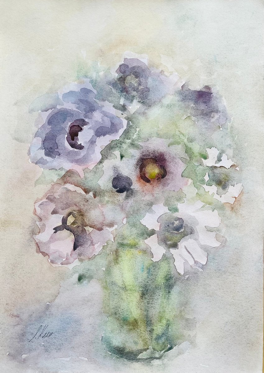 Impressionistic Still Life Watercolour By Elena Klyan, 12 X 17, Anemones 9, Original Artwork