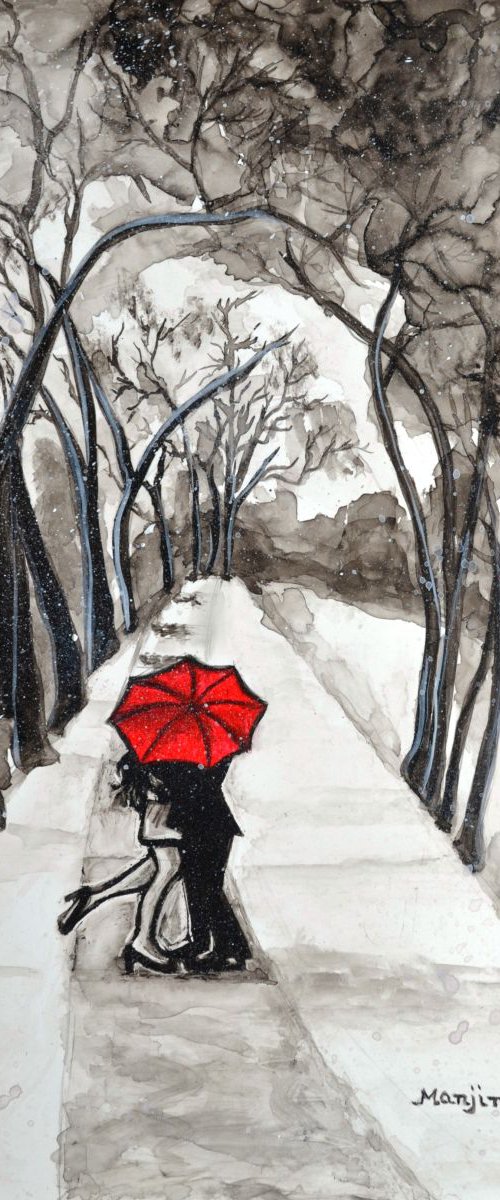 SPECIAL SALE! Snow Kiss romantic black and white painting with red REDUCED PRICE Gift of love by Manjiri Kanvinde