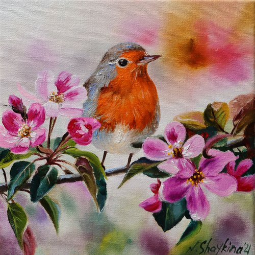 Robin Bird and Pink Flowers by Natalia Shaykina