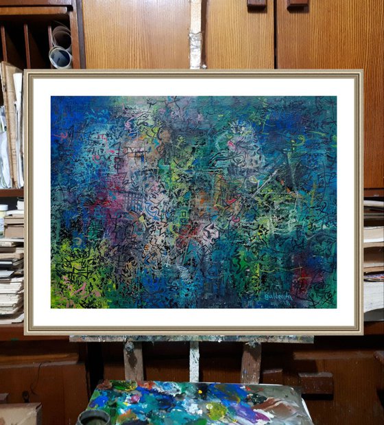Striations, abstract oil paining in blue, original canvas art