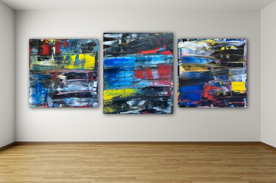 "An Orgy Of Pain" - Save As A Series - Original Xt Large PMS Abstract Acrylic Painting Triptych on Artist-Stretched Canvas - 108" x 42"