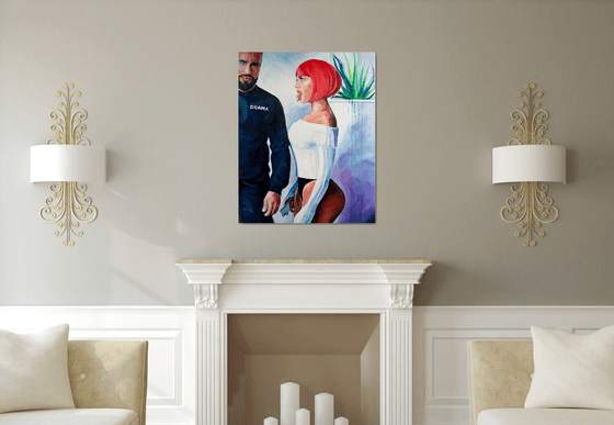DRAMA - original oil painting, pink, white, pop art, office art, home decor, gift idea, hot girl, man, love, deep blue