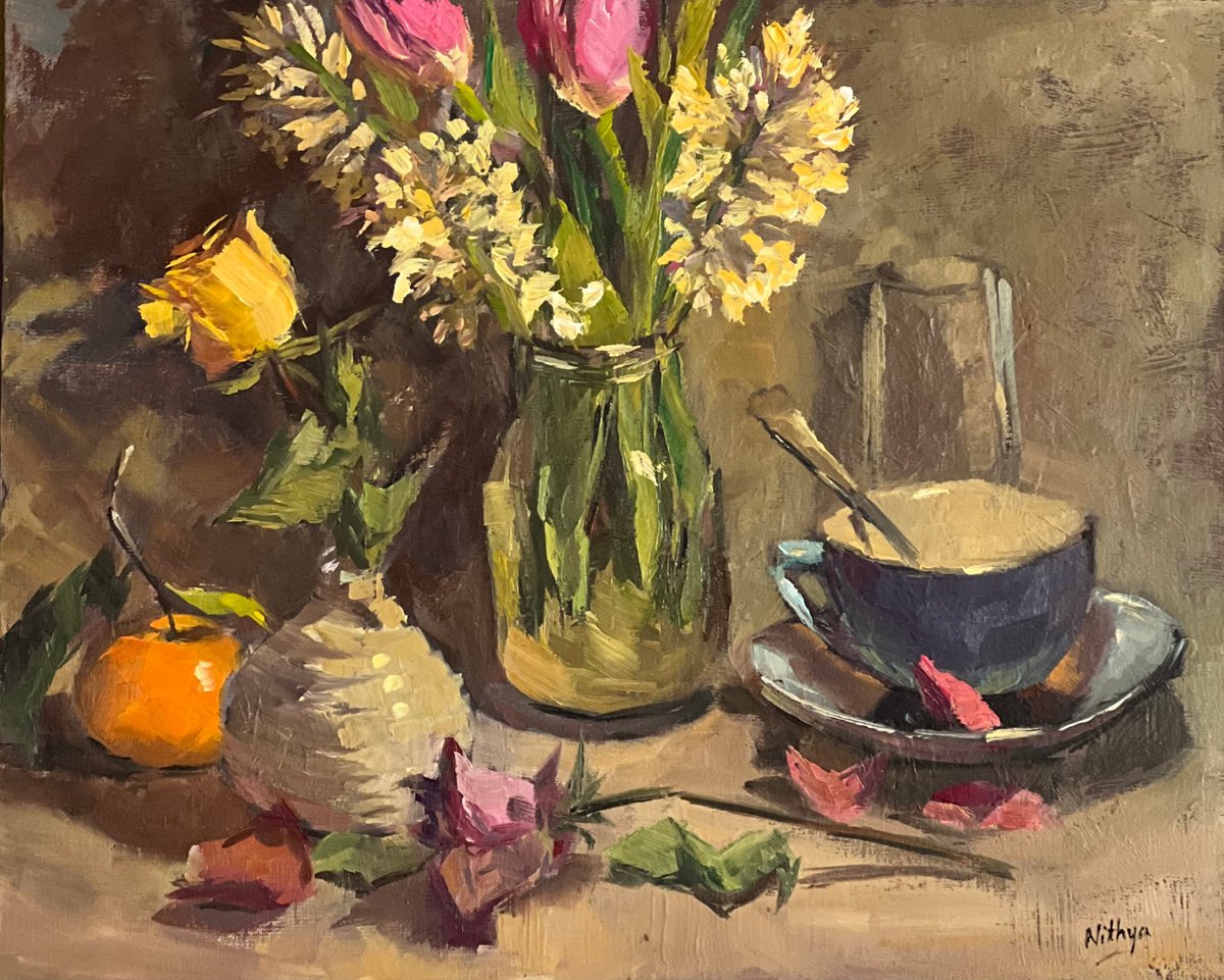 Still life Oil Painting - Arrangement with Flowers by Nithya Swaminathan