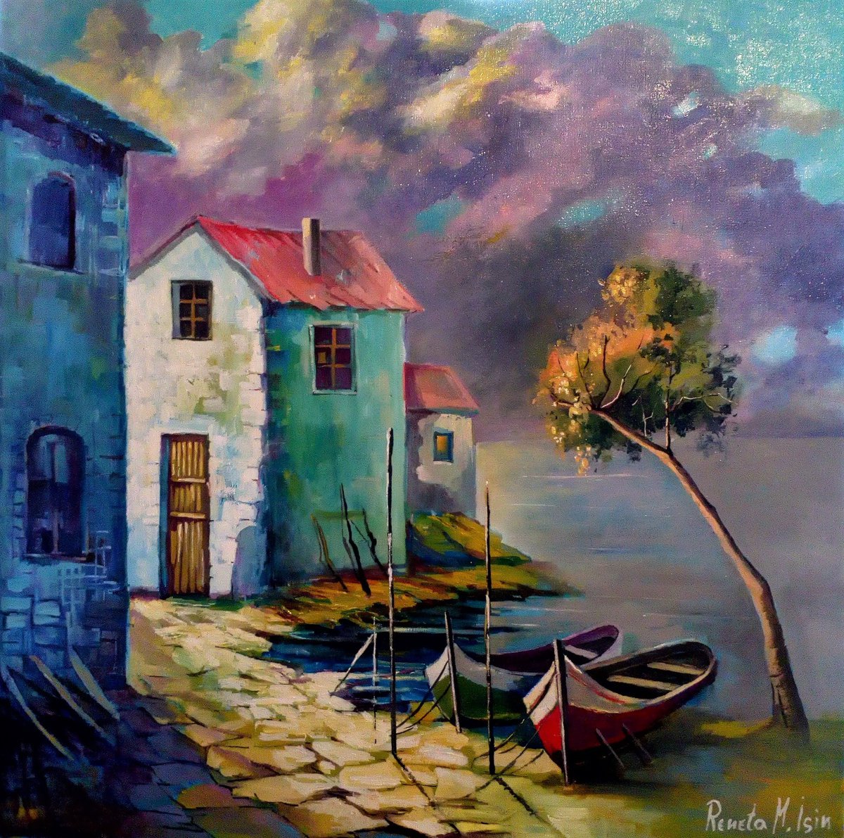 Impressionistic Landscape Oil Painting By Reneta Isin, 31 X 31", " Sicily " - Boats, Original Artwork