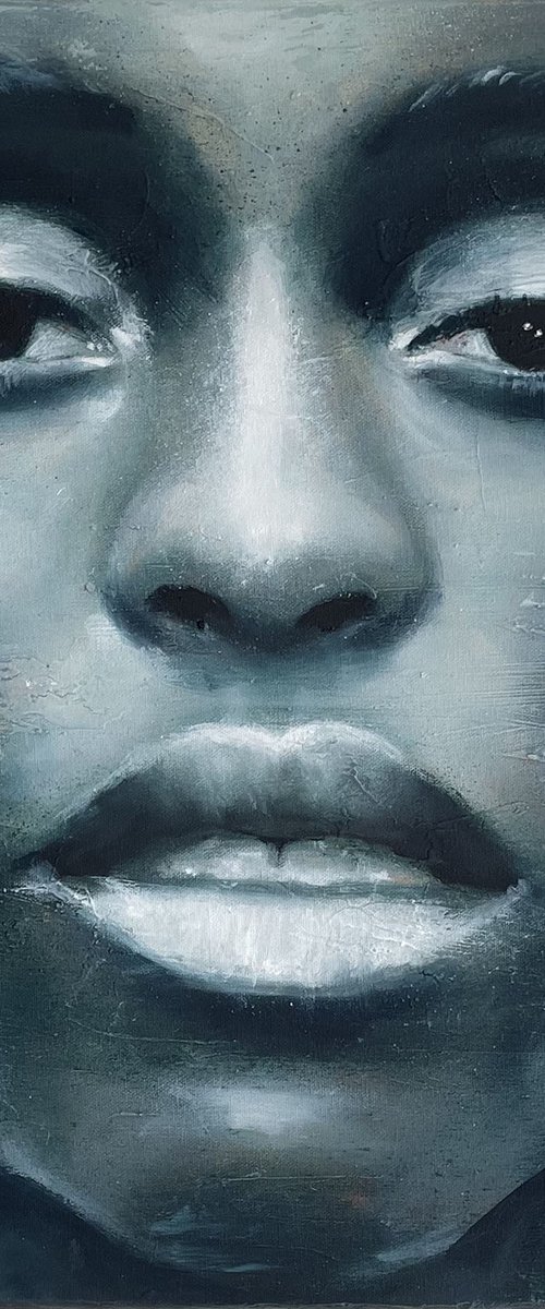 Lashana | Beautiful blqck model woman face portrait painted in oil on canvas framed painting blue green white grunge romantic by RKHercules by Renske Karlien Hercules