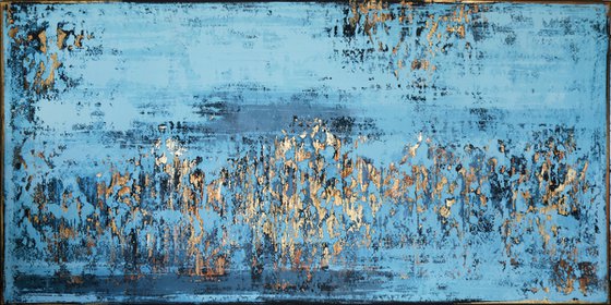 KEY LARGO - 80 x 160 CM - TEXTURED ACRYLIC PAINTING ON CANVAS * PETROL BLUE * GOLD