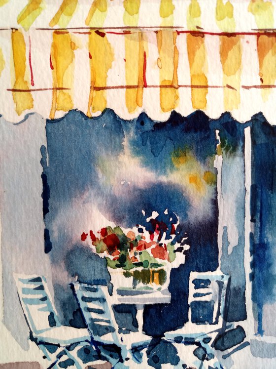 Urban romantic landscape "Autumn cafe in the old town" original watercolor painting