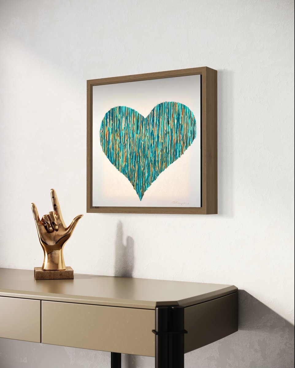 Bright Love - Teal & Golden - Champagne floating frame by Daniela Pasqualini