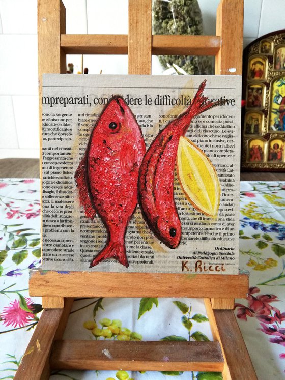 "Red Mullets on Newspaper" Original Oil on Canvas Board Painting 6 by 6 inches (15x15 cm)