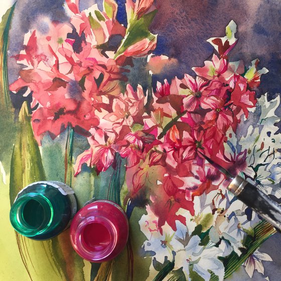 Hyacinths. Spring flowers painting.