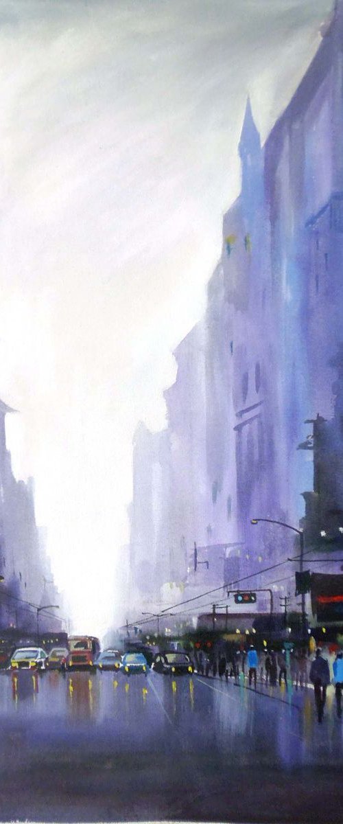 City Street at Rainy Day-Acrylic on Canvas by Samiran Sarkar