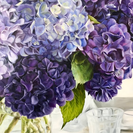 Big oil painting with purple hydrangea 120*120 cm