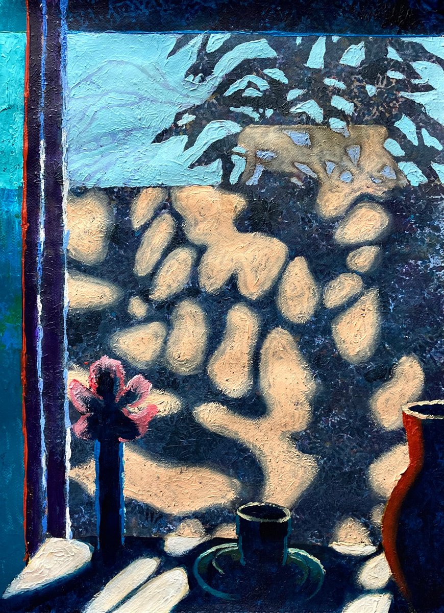 Impressionistic Still Life Acrylic Painting By John Cottee, 22 X 30, Shelf With Shadows 2, Original Artwork