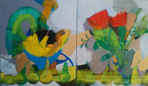 Pears end flowers.Diptych.100x60cm