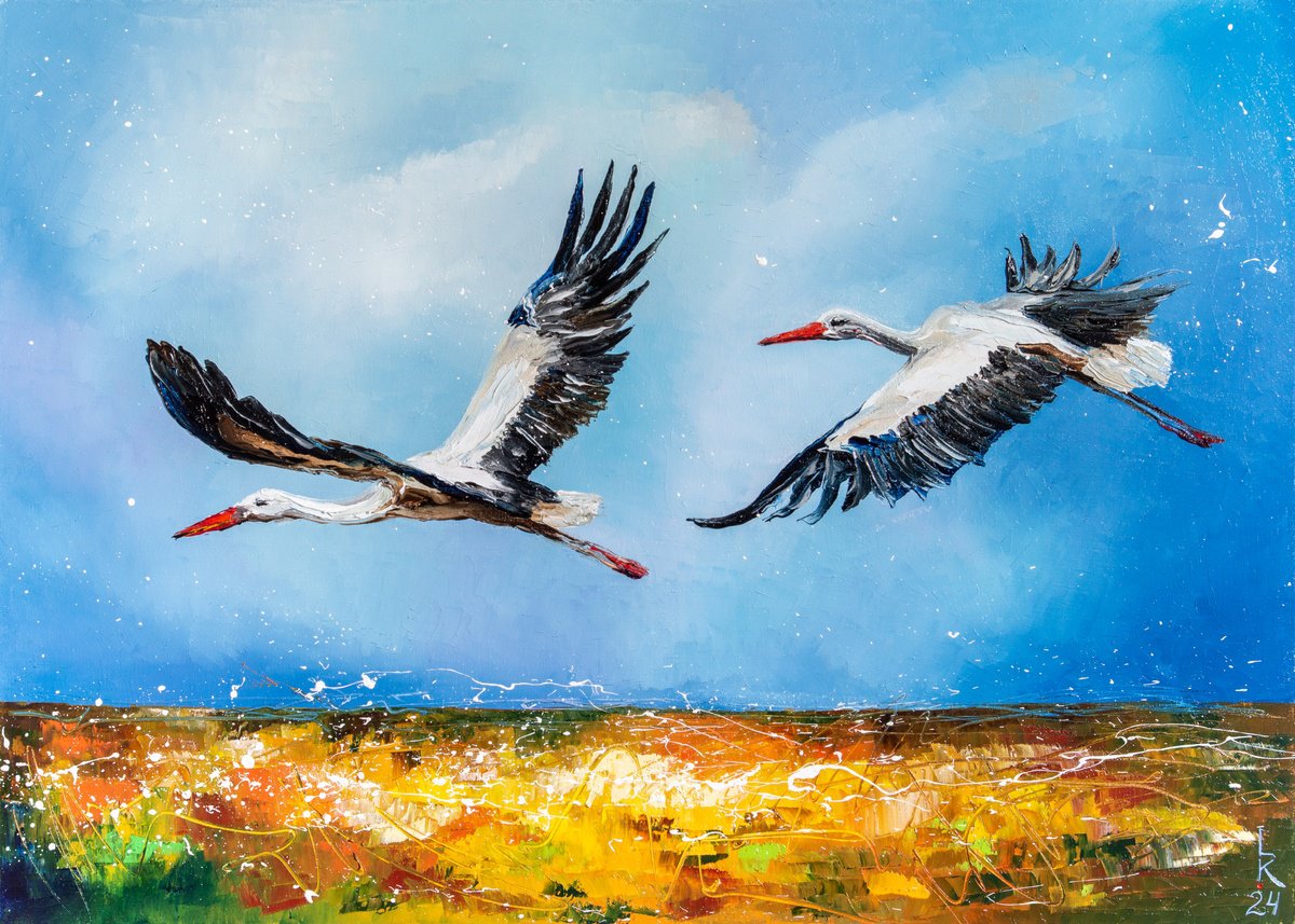 Impressionistic Animal Oil Painting By Liubov Kuptsova, 28 X 20", Messengers Of Peace, Original Artwork