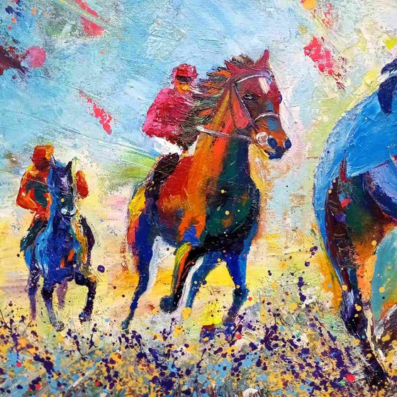 Dynamic Horse Racing Scene, Captivating Artwork of Leadership in Impressionist Style