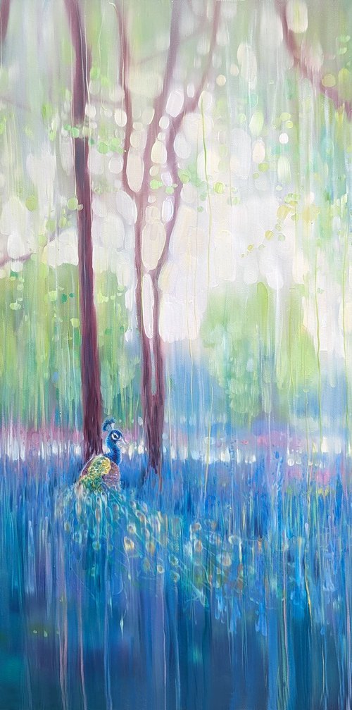 In His Element, a peacock in bluebell landscape painting by Gill Bustamante