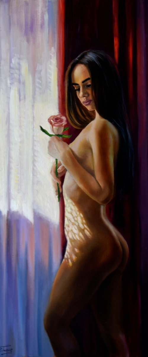 A beauty with a rose at the window by Serghei Ghetiu