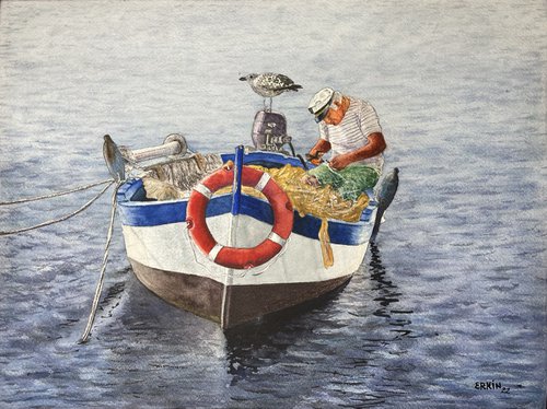 Fisherman on the Boat. by Erkin Yılmaz