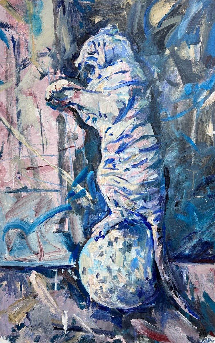 Expressive Animal Acrylic Painting By Zakhar Shevchuk, 34 X 54", Balance Under Pressure, Original Artwork