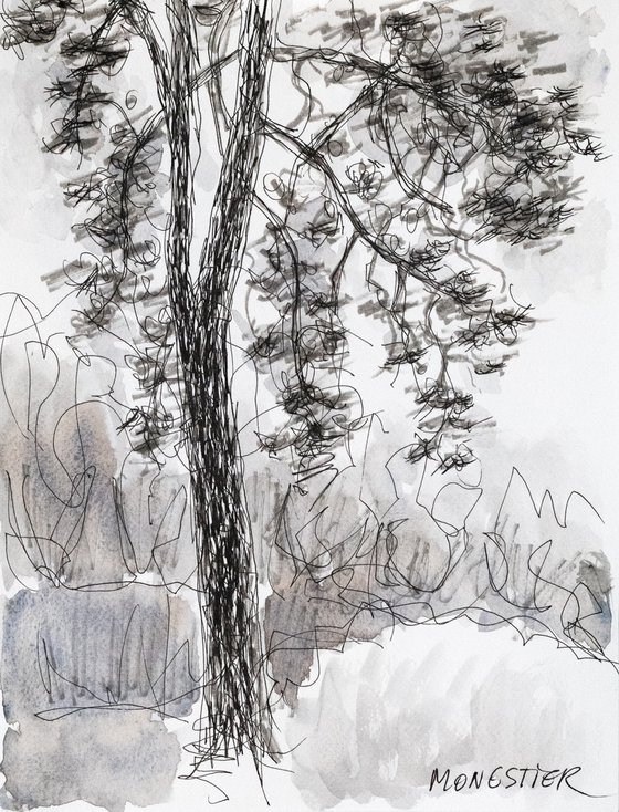 Winter time, the tree in the snow - sketch drawing on paper - poetic landscape garden in black and white atmospheric foggy day