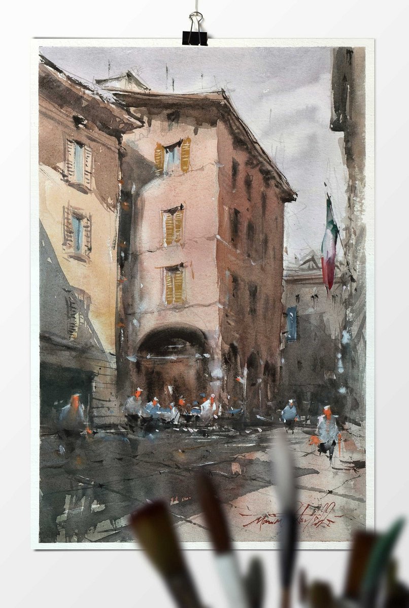 Impressionistic Cityscapes Watercolour By Marin Victor, 9 X 15", Bergamo, Urban Watercolor., Original Artwork