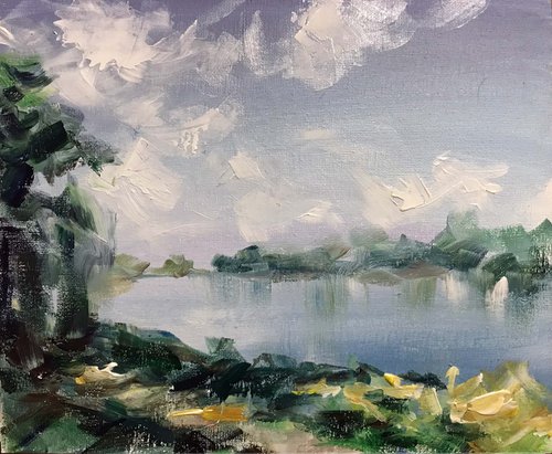 Calm river bank. one of a kind, handmade artwork, original painting. by Galina Poloz