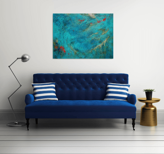 Blue Abstract Seascape Textured Painting Navy, Teal, Red, Silver, Gold. Modern Art with Heavy Texture. Abstract Landscape Contemporary Artwork for Livingroom or Bedroom