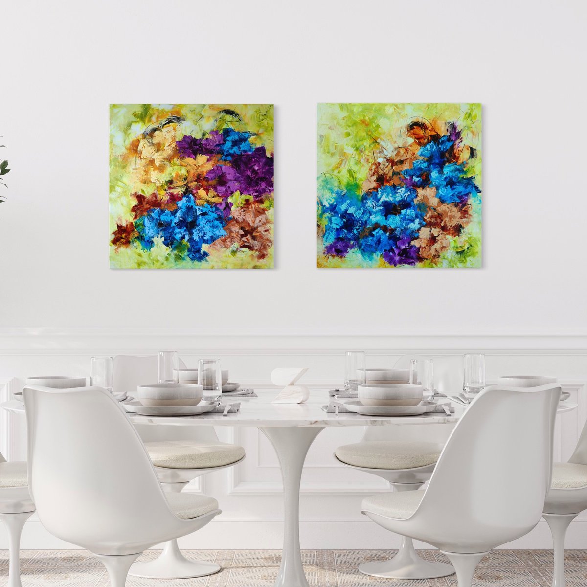 Diptych Euphoria from Colours of Summer collection, abstract flower painting by Vera Hoi