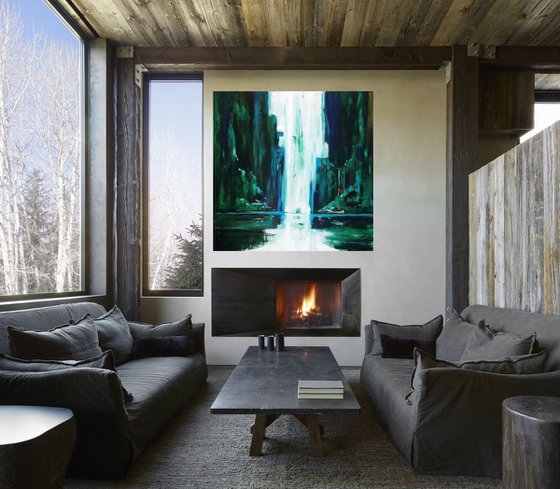 Deep forest waterfall- large size 100 x 100 cm (39 x 39 inches )-ready to hang