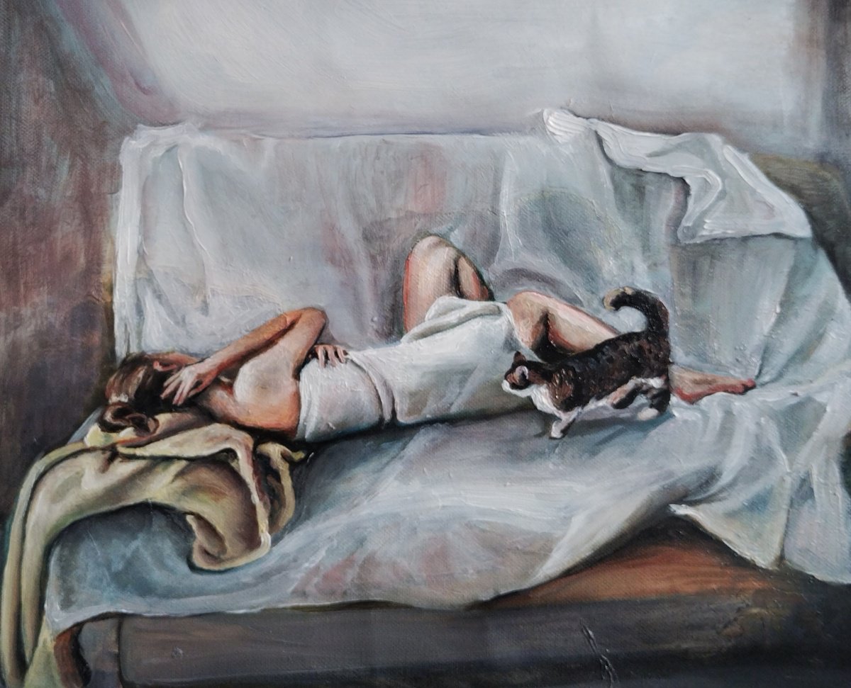 Portrait Oil Painting By Viktoria Deri, 16 X 15", With A Cat, Original Artwork