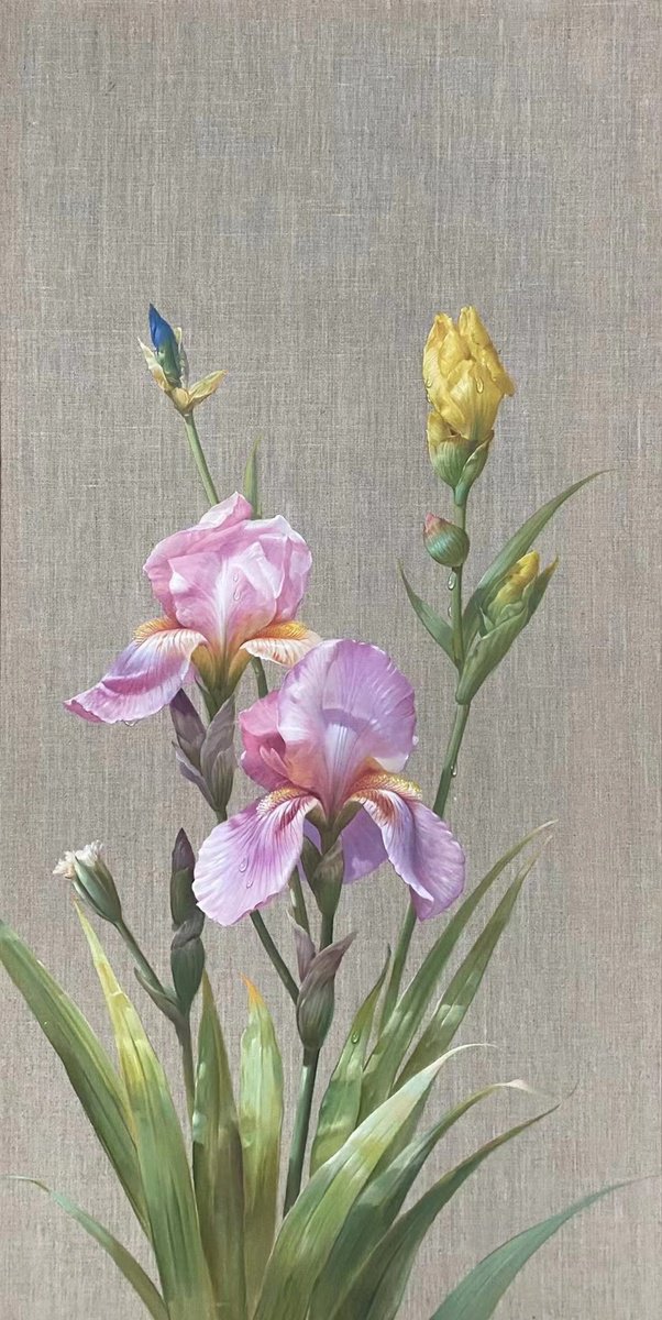 Impressionistic Botanical Painting By Kunlong Wang, 24 X 47", Elegant Flowers 205, Original Artwork