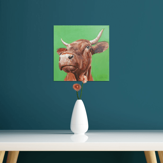 Cow close up painting green background